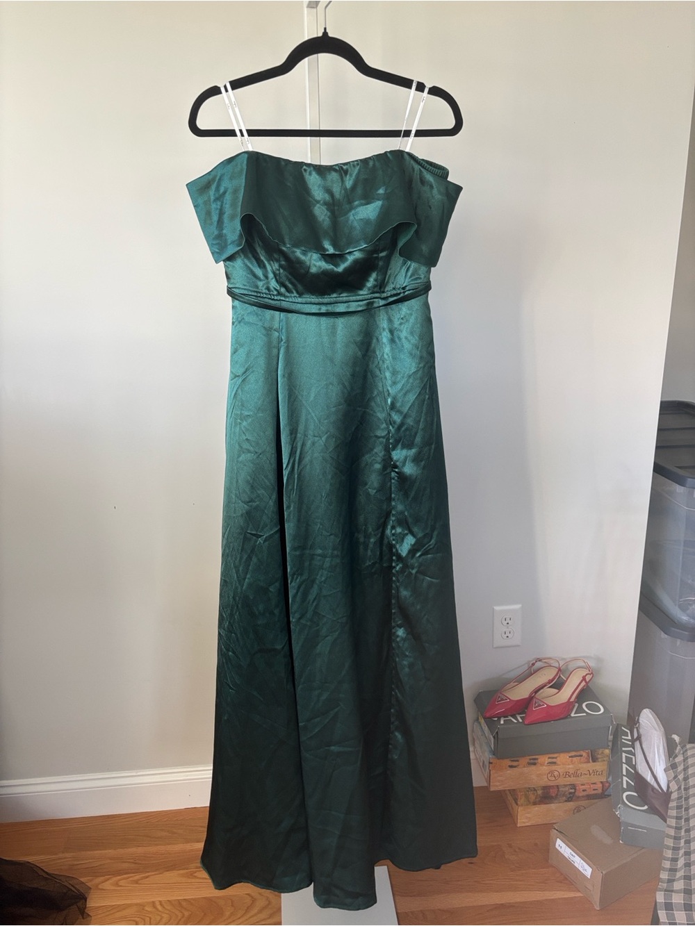 Lulu's Greatest Hits Forest Green Satin Off-the-Shoulder Maxi Dress (2/6) - Picture 3 of 5